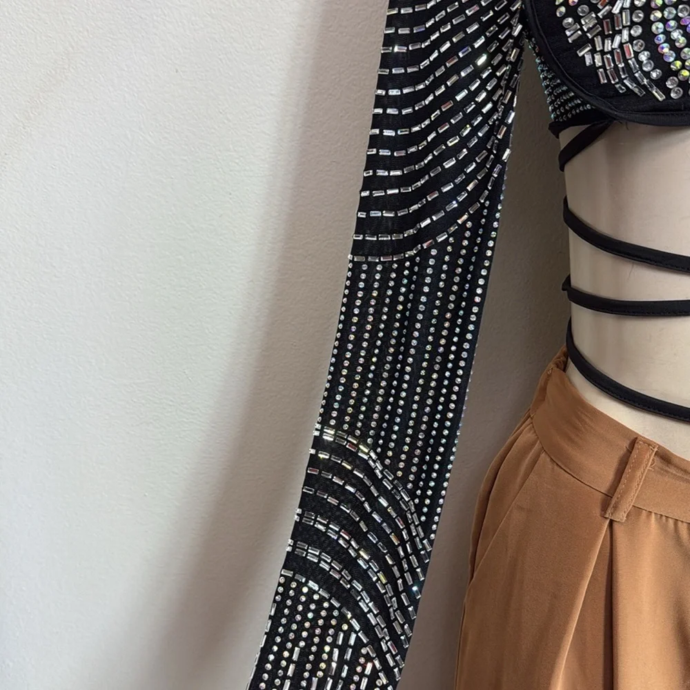 (A3)BAJUL Sheer Crop Top with Rhinestones and Trim, Size M - Picture 4 of 10